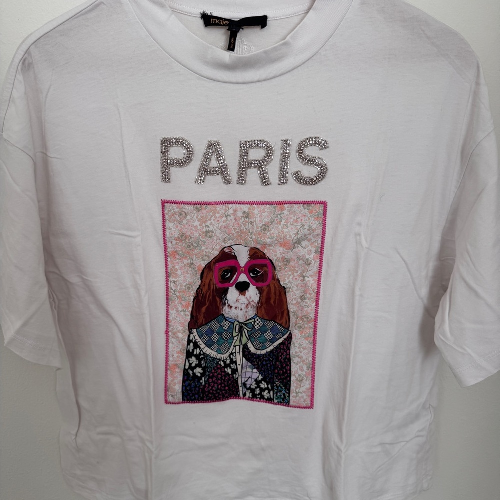 Maje White T-Shirt with Embroidered Detail
